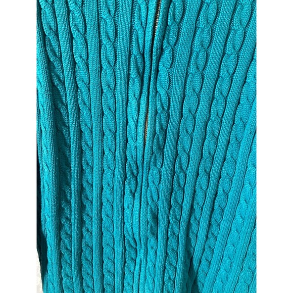 L.L. Bean Teal Cable Knit Zip Up Cardigan Size XL Mock Neck Cotton Heritage Cozy - Picture 3 of 6